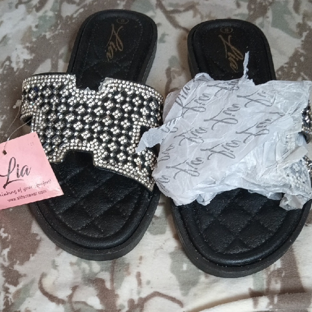 Lia Sophia Black Jeweled Slide Sandals